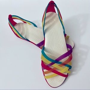 Crocs Isabella Huarache Jelly Flats Size 7 W Rainbow Peep Toe Sandals Women’s